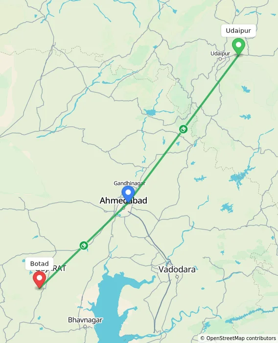 Route map showing distance and travel time from Udaipur, India to Botad, India