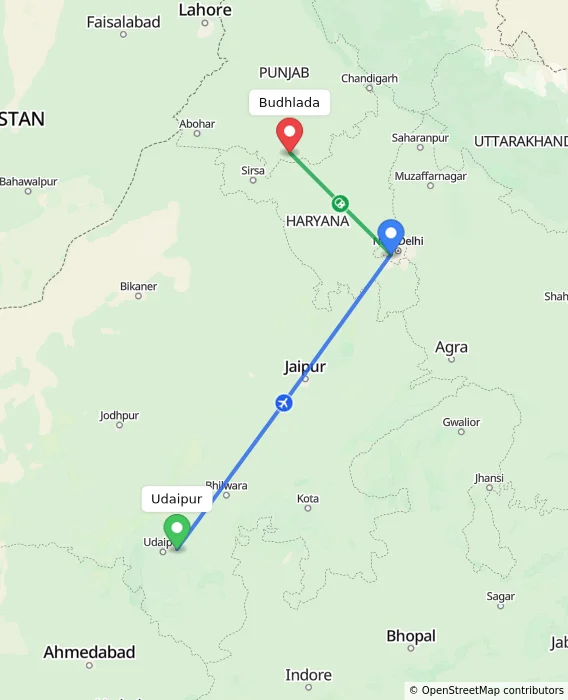 Route map showing distance and travel time from Udaipur, India to Budhlada, India
