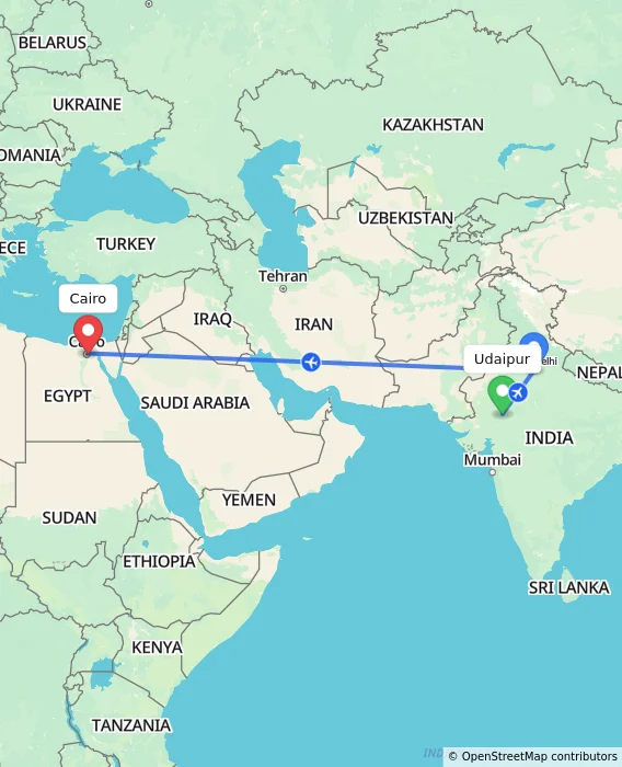 Route map showing distance and travel time from Udaipur, India to Cairo, Egypt