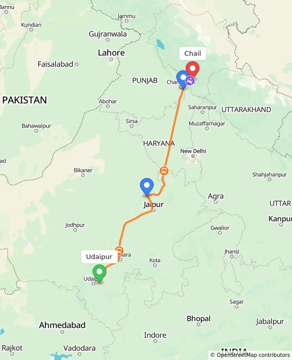 Route map showing distance and travel time from Udaipur, India to Chail, India