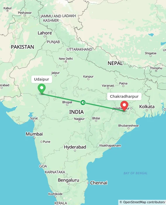 Route map showing distance and travel time from Udaipur, India to Chakradharpur, India