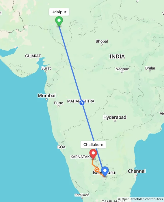 Route map showing distance and travel time from Udaipur, India to Challakere, India