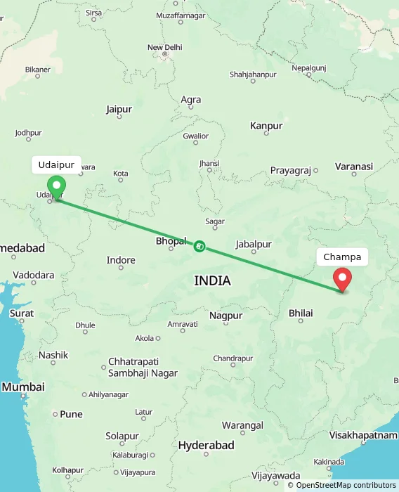 Route map showing distance and travel time from Udaipur, India to Champa, India