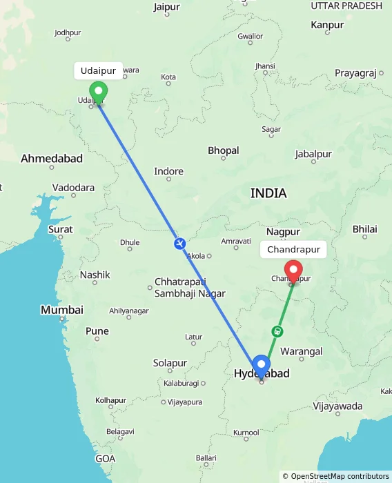Route map showing distance and travel time from Udaipur, India to Chandrapur, India