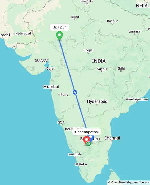 Route map showing distance and travel time from Udaipur, India to Channapatna, India