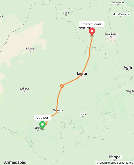 Route map showing distance and travel time from Udaipur, India to Charkhi dadri, India