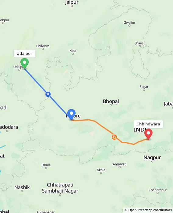 Route map showing distance and travel time from Udaipur, India to Chhindwara, India
