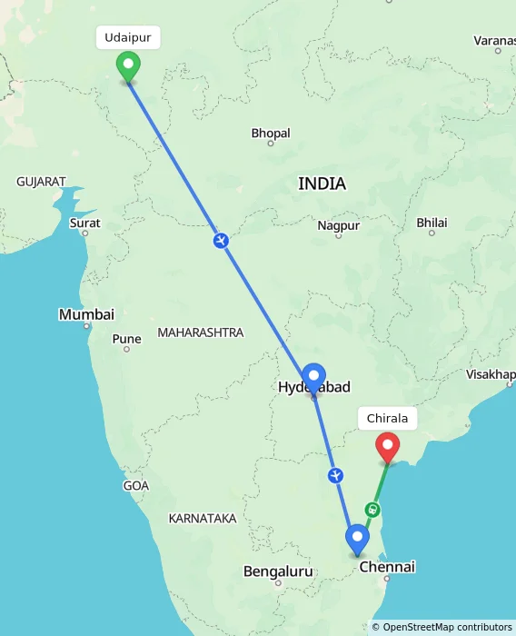 Route map showing distance and travel time from Udaipur, India to Chirala, India