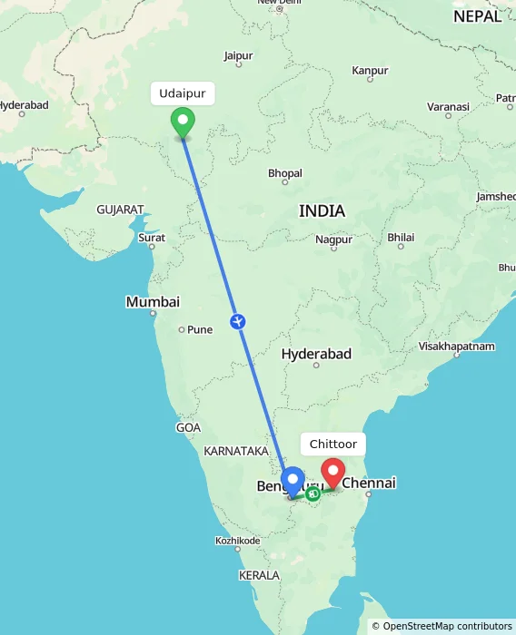 Route map showing distance and travel time from Udaipur, India to Chittoor, India