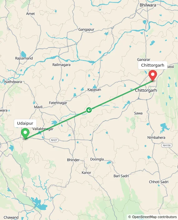 Route map showing distance and travel time from Udaipur, India to Chittorgarh, India