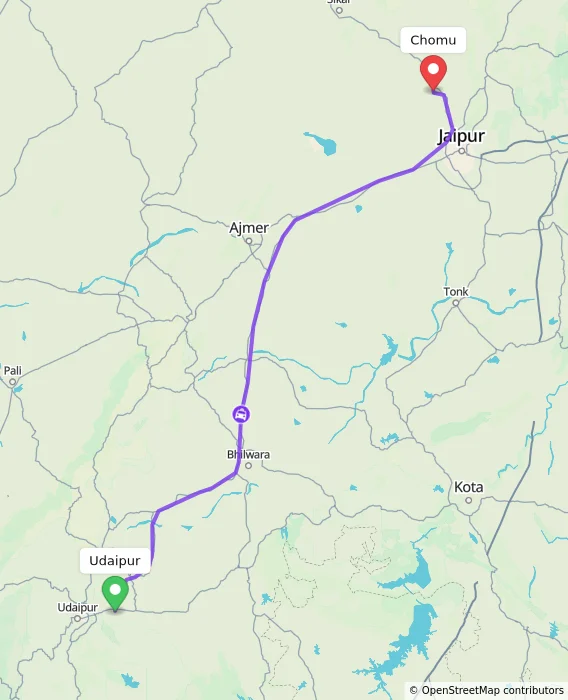 Route map showing distance and travel time from Udaipur, India to Chomu, India