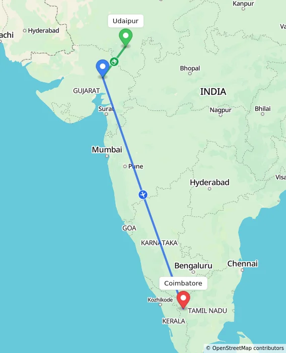 Route map showing distance and travel time from Udaipur, India to Coimbatore, India