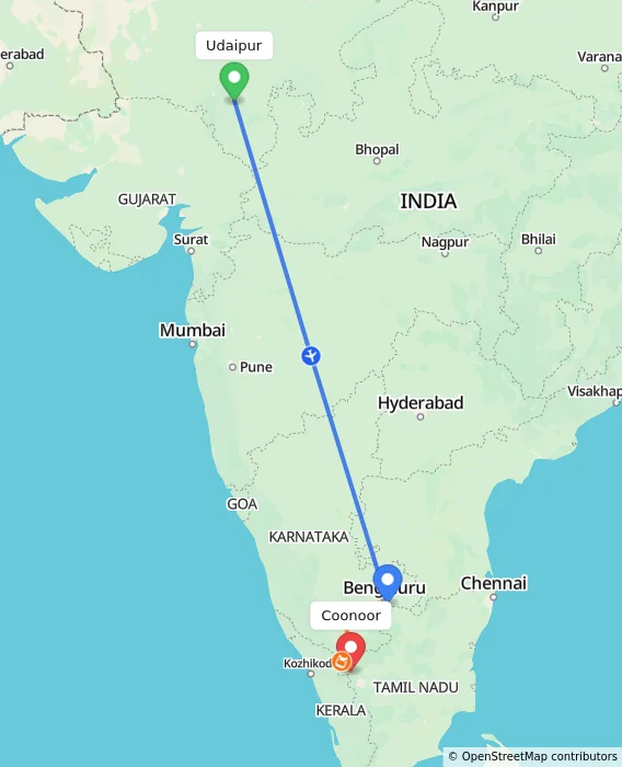 Route map showing distance and travel time from Udaipur, India to Coonoor, India