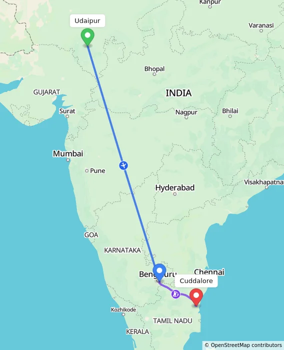 Route map showing distance and travel time from Udaipur, India to Cuddalore, India