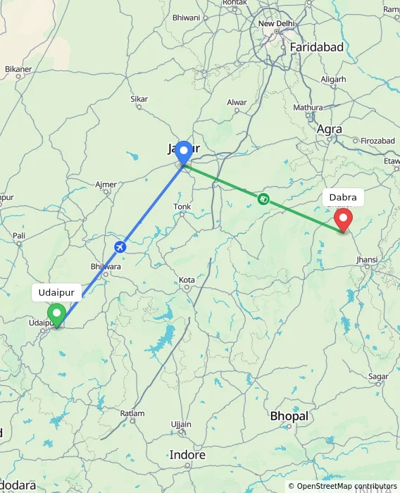 Route map showing distance and travel time from Udaipur, India to Dabra, India