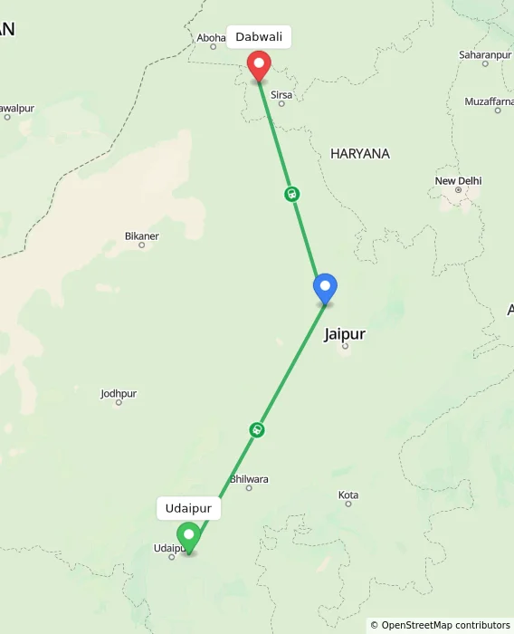 Route map showing distance and travel time from Udaipur, India to Dabwali, India