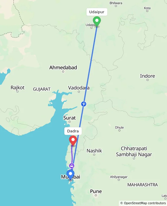 Route map showing distance and travel time from Udaipur, India to Dadra, India