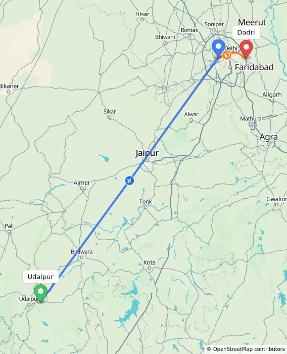 Route map showing distance and travel time from Udaipur, India to Dadri, India