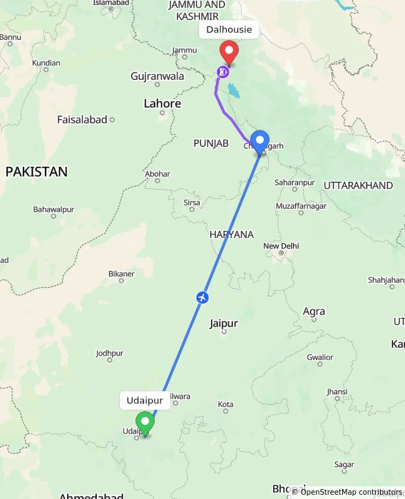 Route map showing distance and travel time from Udaipur, India to Dalhousie, India