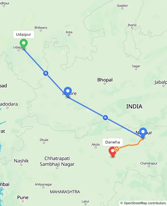 Route map showing distance and travel time from Udaipur, India to Darwha, India