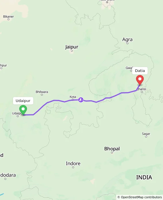 Route map showing distance and travel time from Udaipur, India to Datia, India
