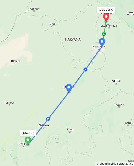 Route map showing distance and travel time from Udaipur, India to Deoband, India