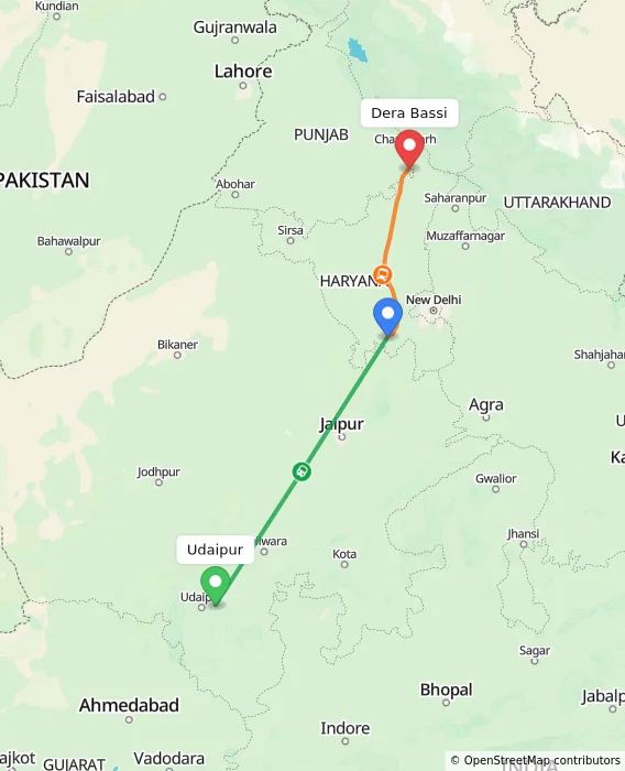 Route map showing distance and travel time from Udaipur, India to Dera Bassi, India