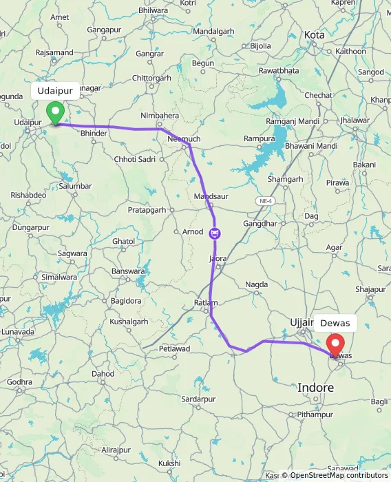 Route map showing distance and travel time from Udaipur, India to Dewas, India