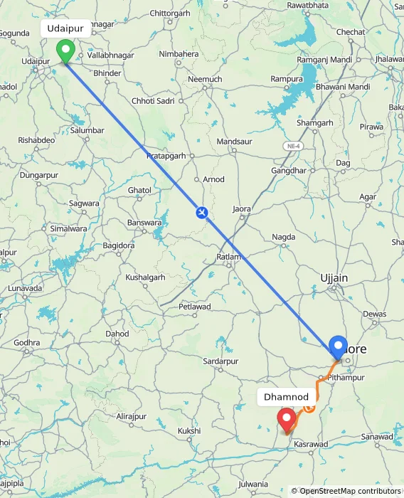 Route map showing distance and travel time from Udaipur, India to Dhamnod, India