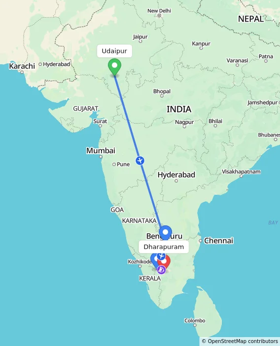 Route map showing distance and travel time from Udaipur, India to Dharapuram, India