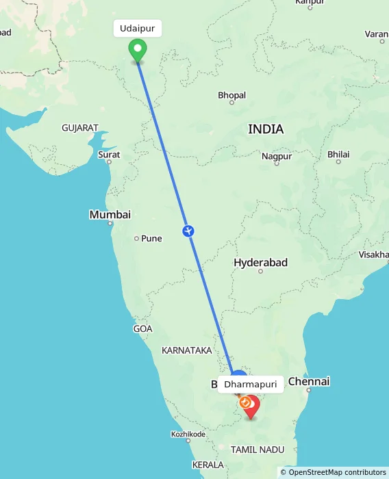 Route map showing distance and travel time from Udaipur, India to Dharmapuri, India