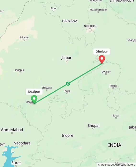 Route map showing distance and travel time from Udaipur, India to Dholpur, India