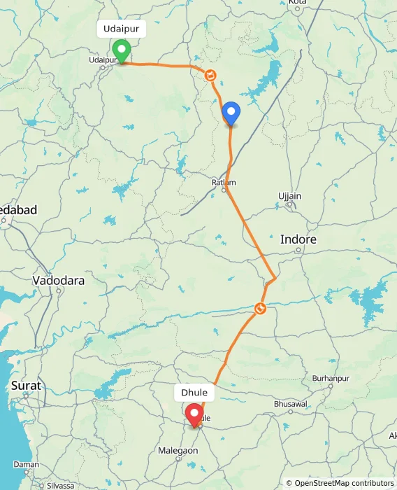Route map showing distance and travel time from Udaipur, India to Dhule, India