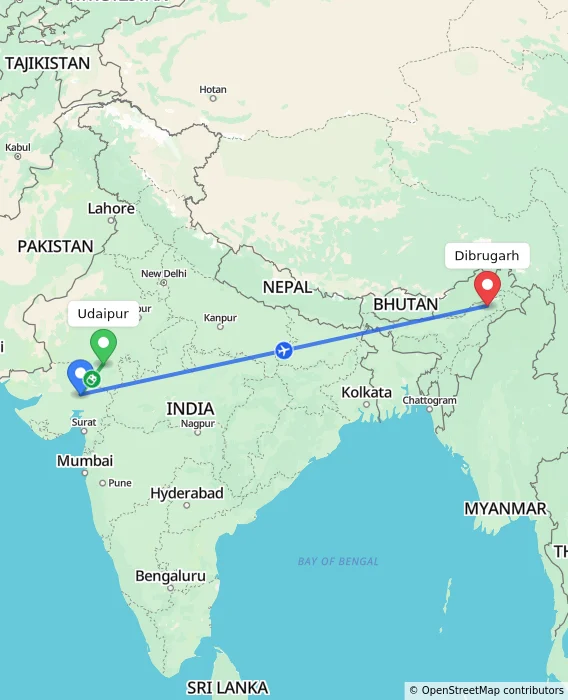 Route map showing distance and travel time from Udaipur, India to Dibrugarh, India