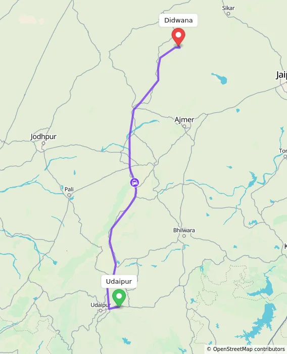 Route map showing distance and travel time from Udaipur, India to Didwana, India