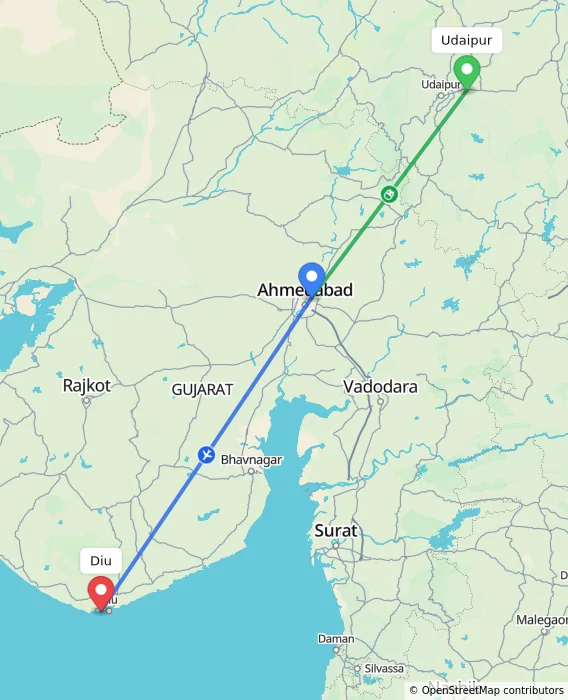 Route map showing distance and travel time from Udaipur, India to Diu, India