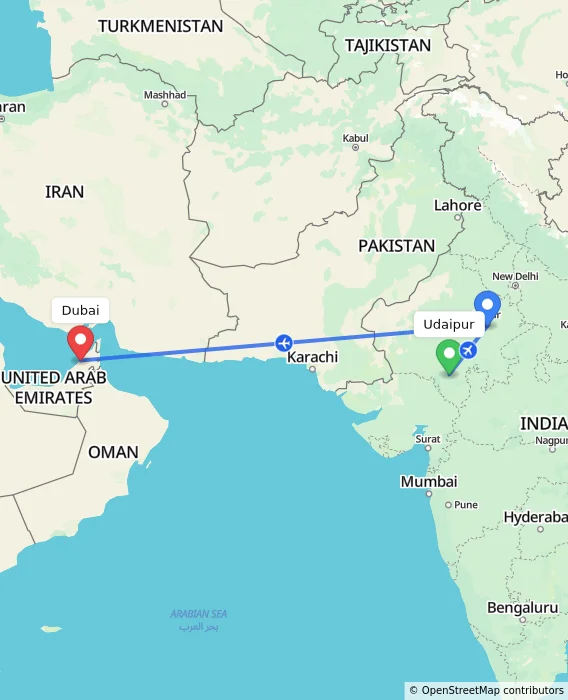 Route map showing distance and travel time from Udaipur, India to Dubai, United Arab Emirates