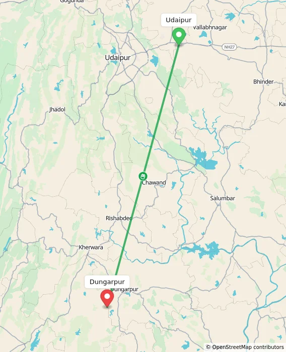 Route map showing distance and travel time from Udaipur, India to Dungarpur, India