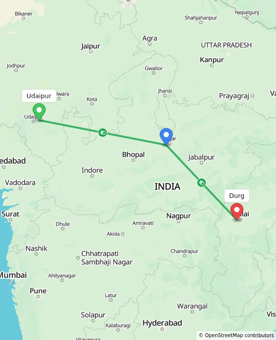 Route map showing distance and travel time from Udaipur, India to Durg, India