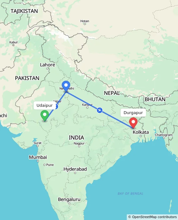 Route map showing distance and travel time from Udaipur, India to Durgapur, India