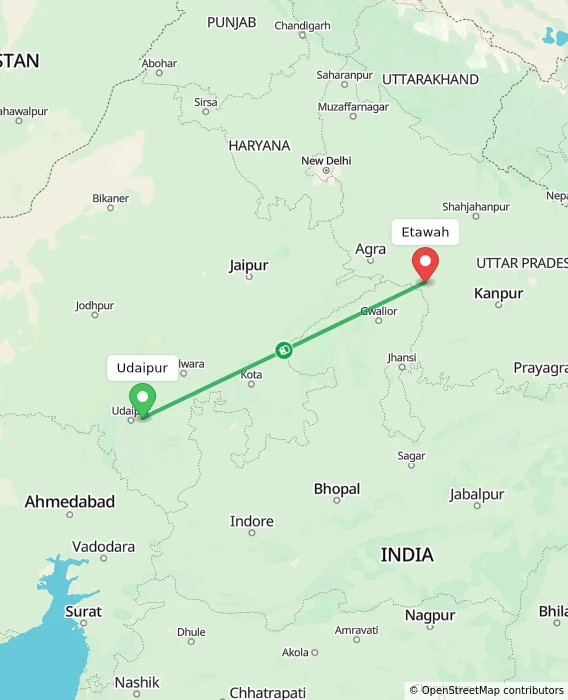 Route map showing distance and travel time from Udaipur, India to Etawah, India