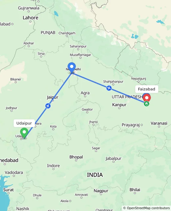 Route map showing distance and travel time from Udaipur, India to Faizabad, India