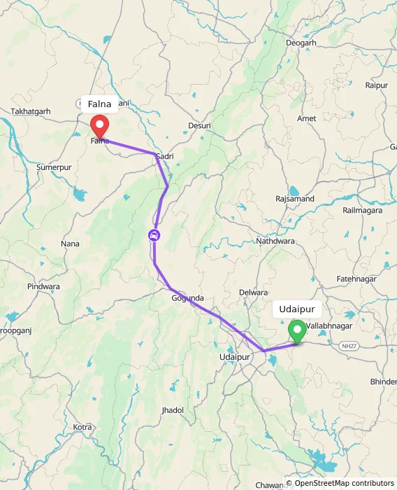 Route map showing distance and travel time from Udaipur, India to Falna, India