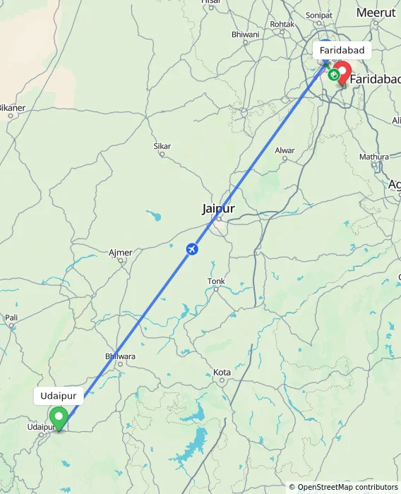 Route map showing distance and travel time from Udaipur, India to Faridabad, India