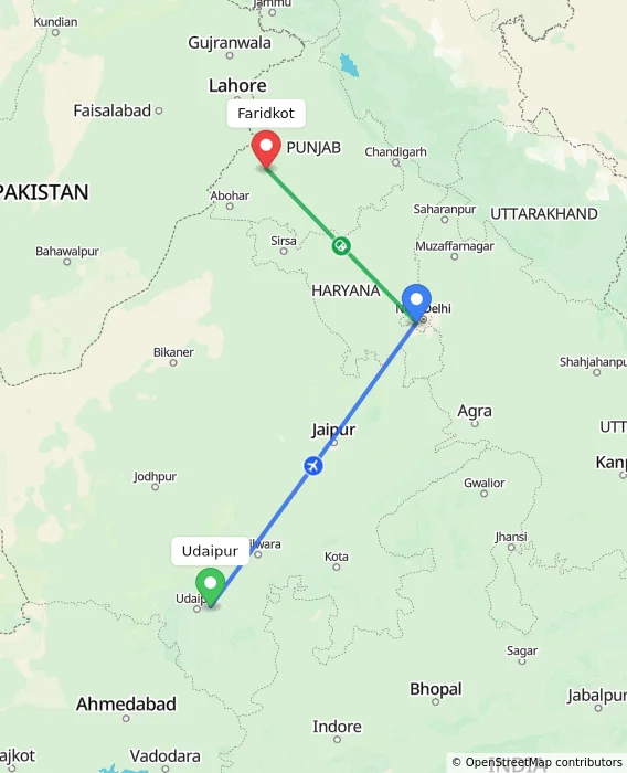 Route map showing distance and travel time from Udaipur, India to Faridkot, India