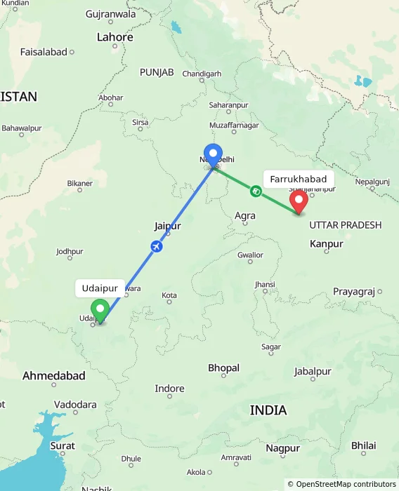 Route map showing distance and travel time from Udaipur, India to Farrukhabad, India