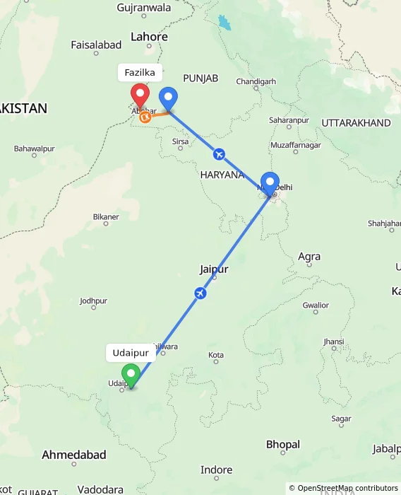 Route map showing distance and travel time from Udaipur, India to Fazilka, India