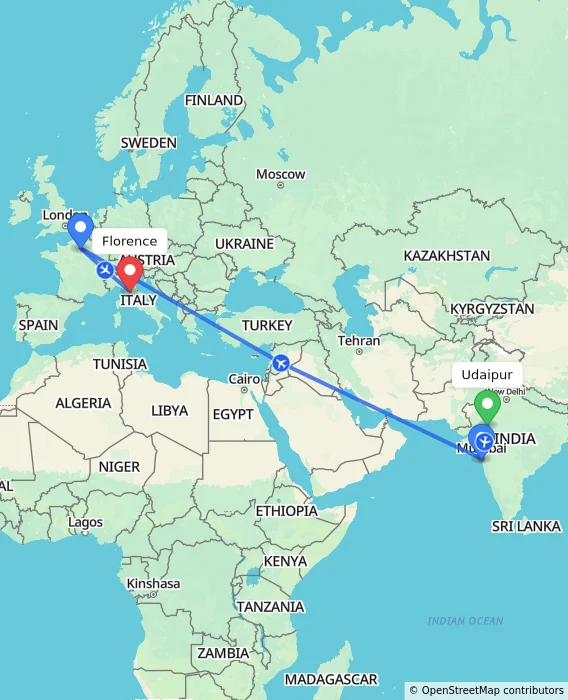 Route map showing distance and travel time from Udaipur, India to Florence, Italy