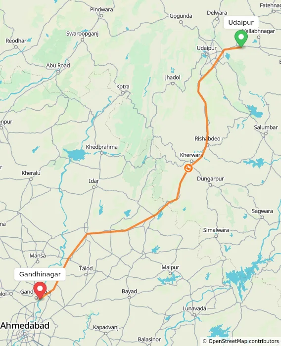 Route map showing distance and travel time from Udaipur, India to Gandhinagar, India