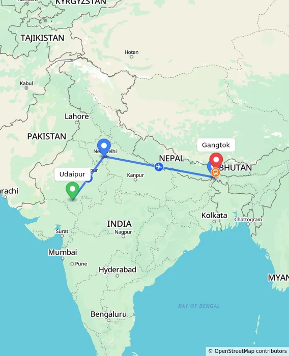 Route map showing distance and travel time from Udaipur, India to Gangtok, India